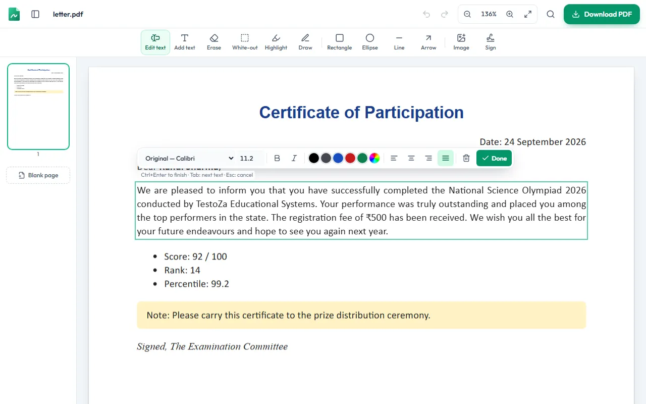 Editing a line of text in a PDF with the Panna editor — the new words use the document's own font