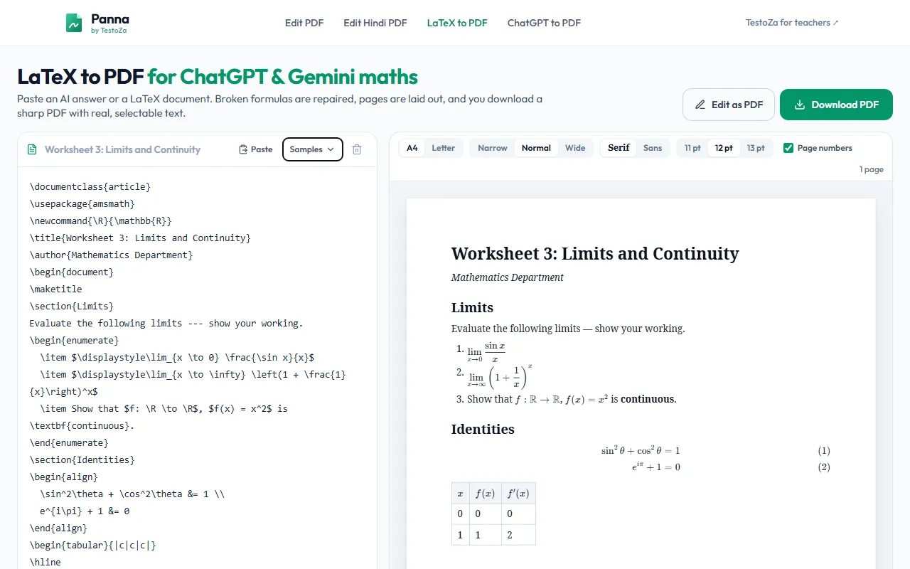A LaTeX worksheet with numbered equations typeset on an A4 page in Panna
